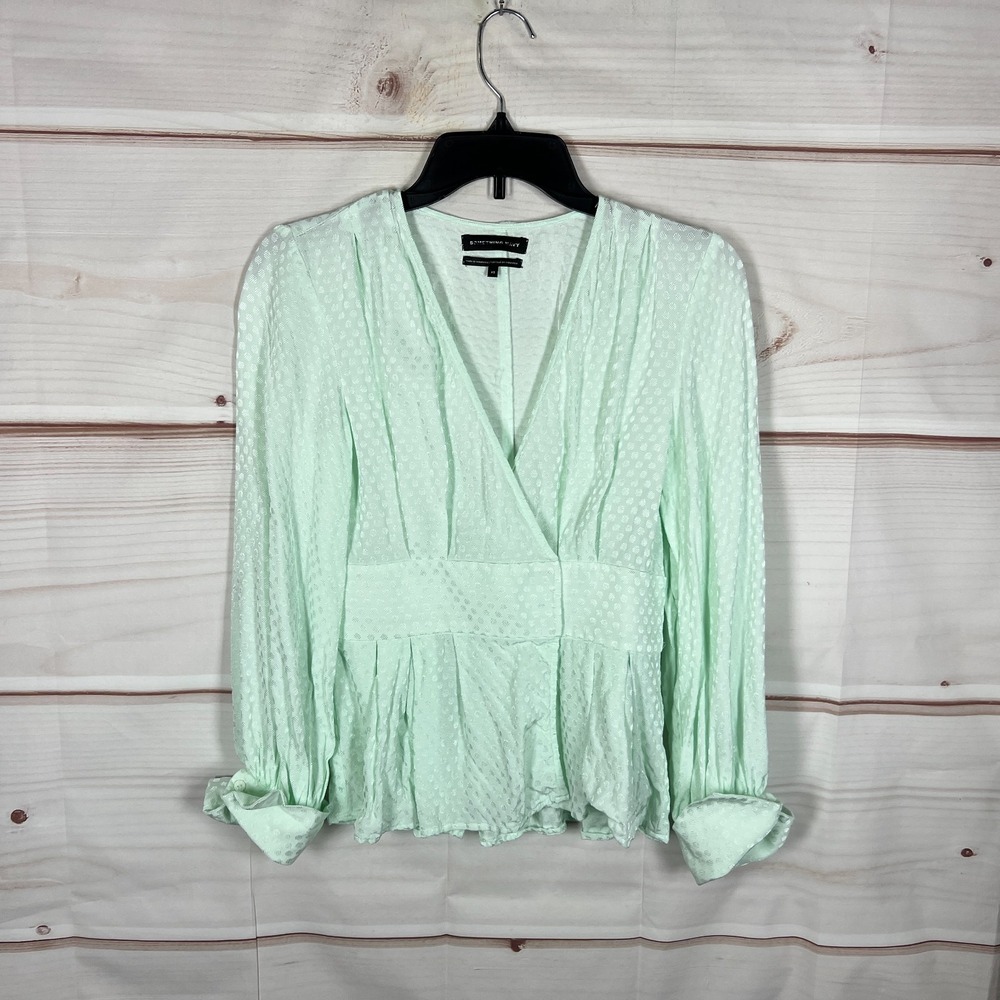 Something Navy Top‎ Womens XS Green Satin Blouse V-Neck Peplum Long Sleeve Solid
